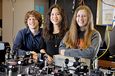 From left, Andrew Bower, a fifth-year Ph.D. student in electrical and computer engineering, and Joanne Li, a sixth-year Ph.D. student in bioengineering, mentored Janet Sorrells, a fifth-year senior studying biomedical engineering at the University of Rochester.