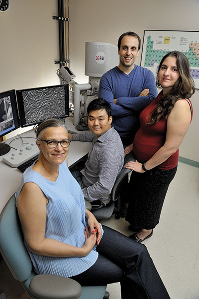 From left, Marianne Alleyne, a research scientist in entomology; Junho Oh, a student in mechanical science and engineering; Nenad Miljkovic, an assistant professor of mechanical science and engineering; and Catherine Dana, a student in entomology, study how nature can inspire technological advancements.