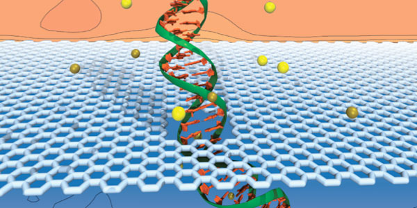 Graphic of DNA sequencing by graphene nanopores