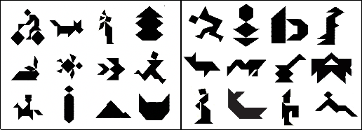 Easy tangram shapes such as a dog and a tree are juxtaposed against more difficult tangram shapes, which are harder to describe in concise words.