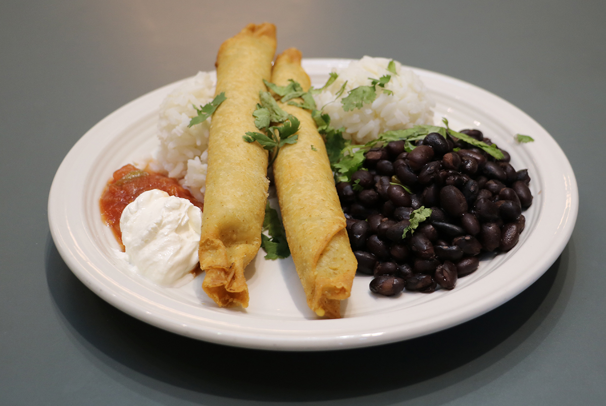 Green Chicken and Chile Flautas with Rice and Beans