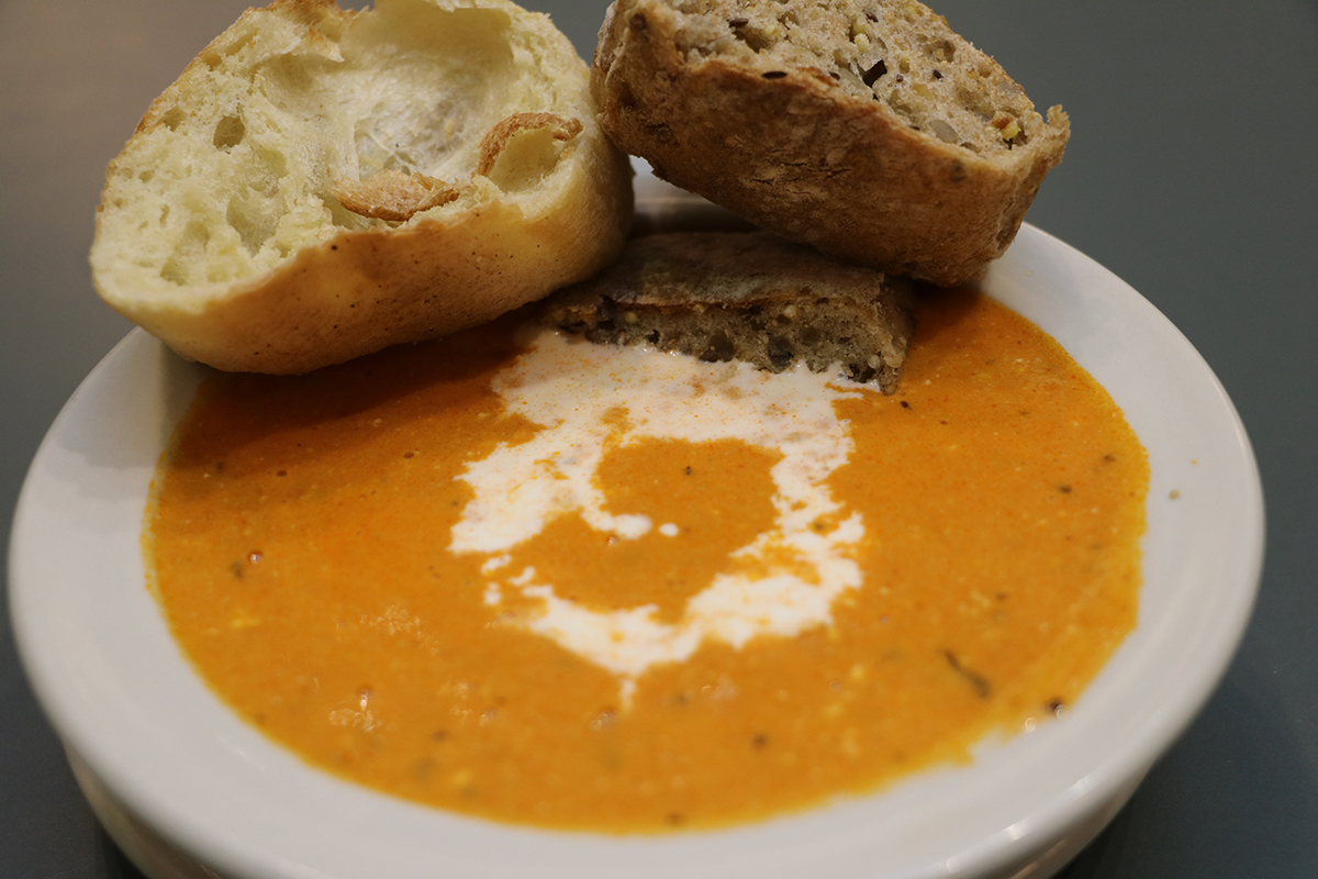 Red Pepper and Gouda Bisque served with bread