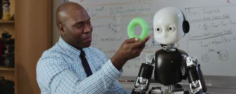 Onyeama Osuagwu works with Bert, an iCub humanoid robot housed in the Language Acquisition and Robotics Lab at the Beckman Institute. Learn more about Bert in the video below.