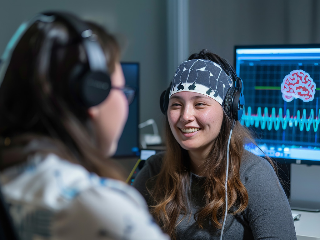 A person wearing an EEG headband smiles at a researcher wearing headphones