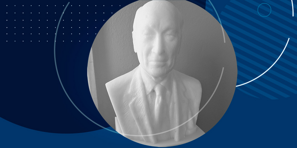 A 3D printed bust of Arnold Beckman with a graphic background