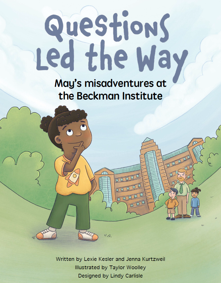 Cover of Questions Led the Way, featuring an illustration of a little girl in front of the Beckman Institute