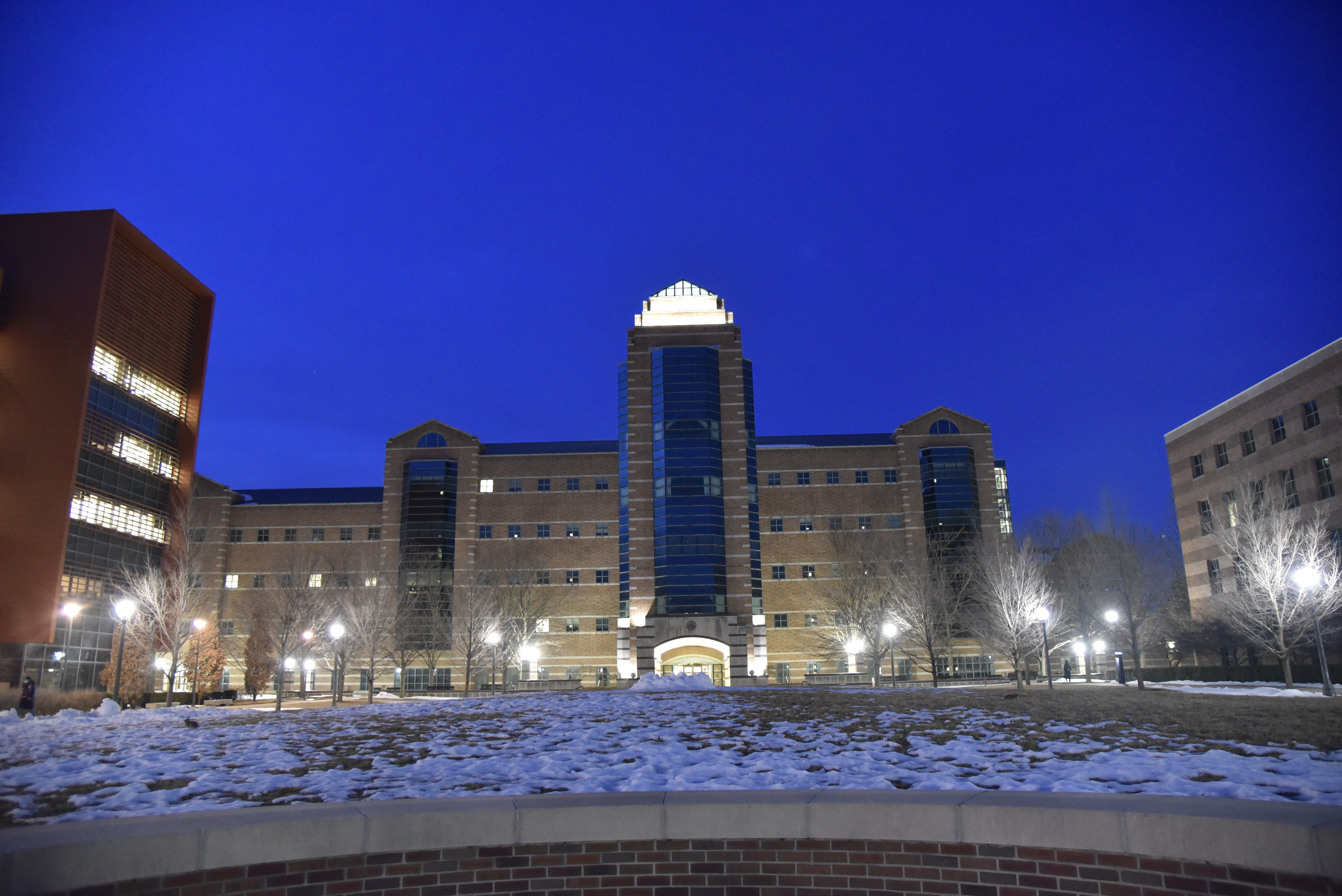 The Beckman Tower is brilliantly lit up on a snowy night by 40 LED lamps.