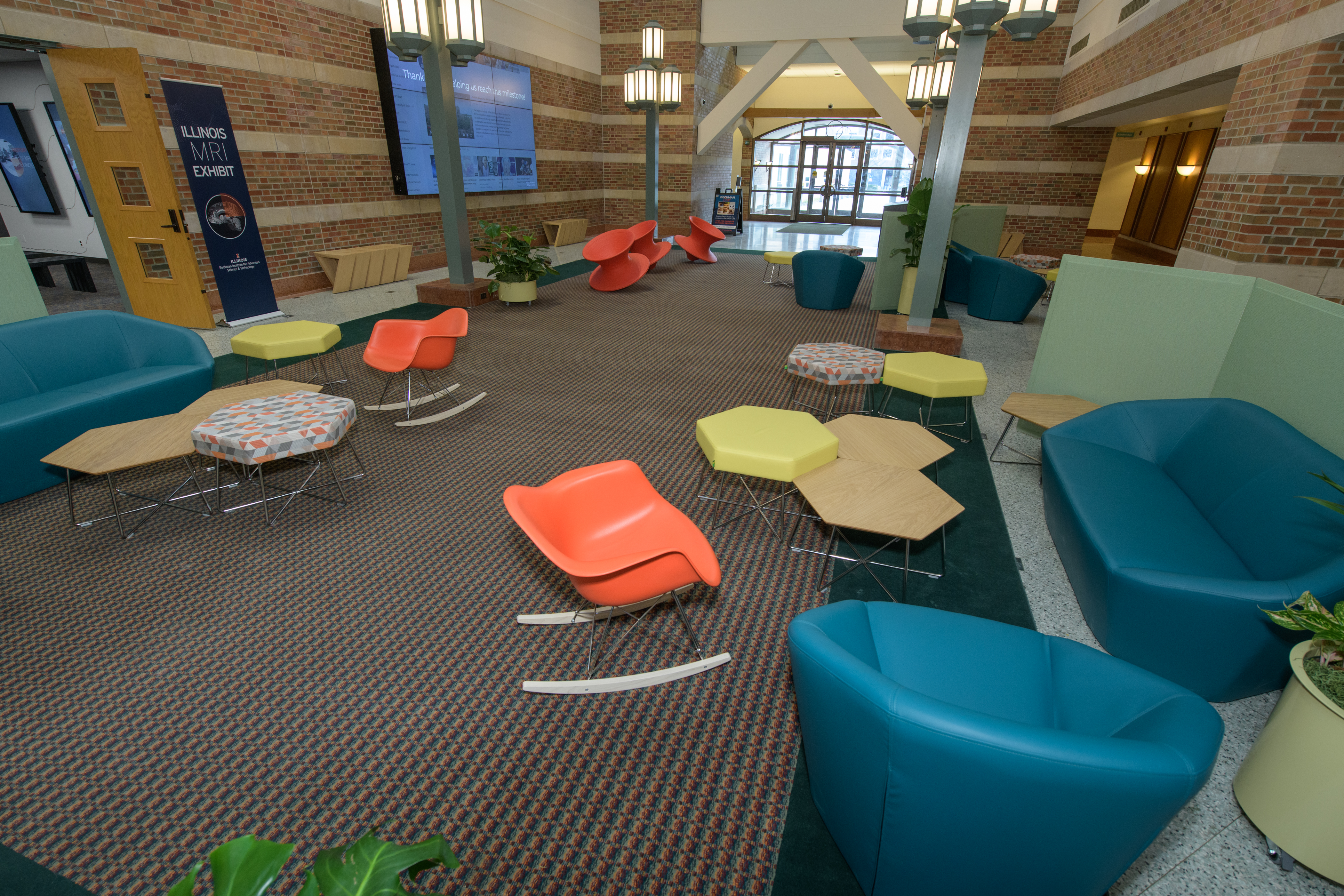 Interactive furniture makes the Beckman Atrium a fun, colorful Zoom background.