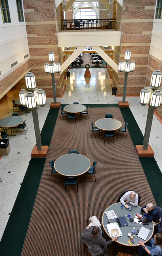 An aerial view of the Beckman Atrium