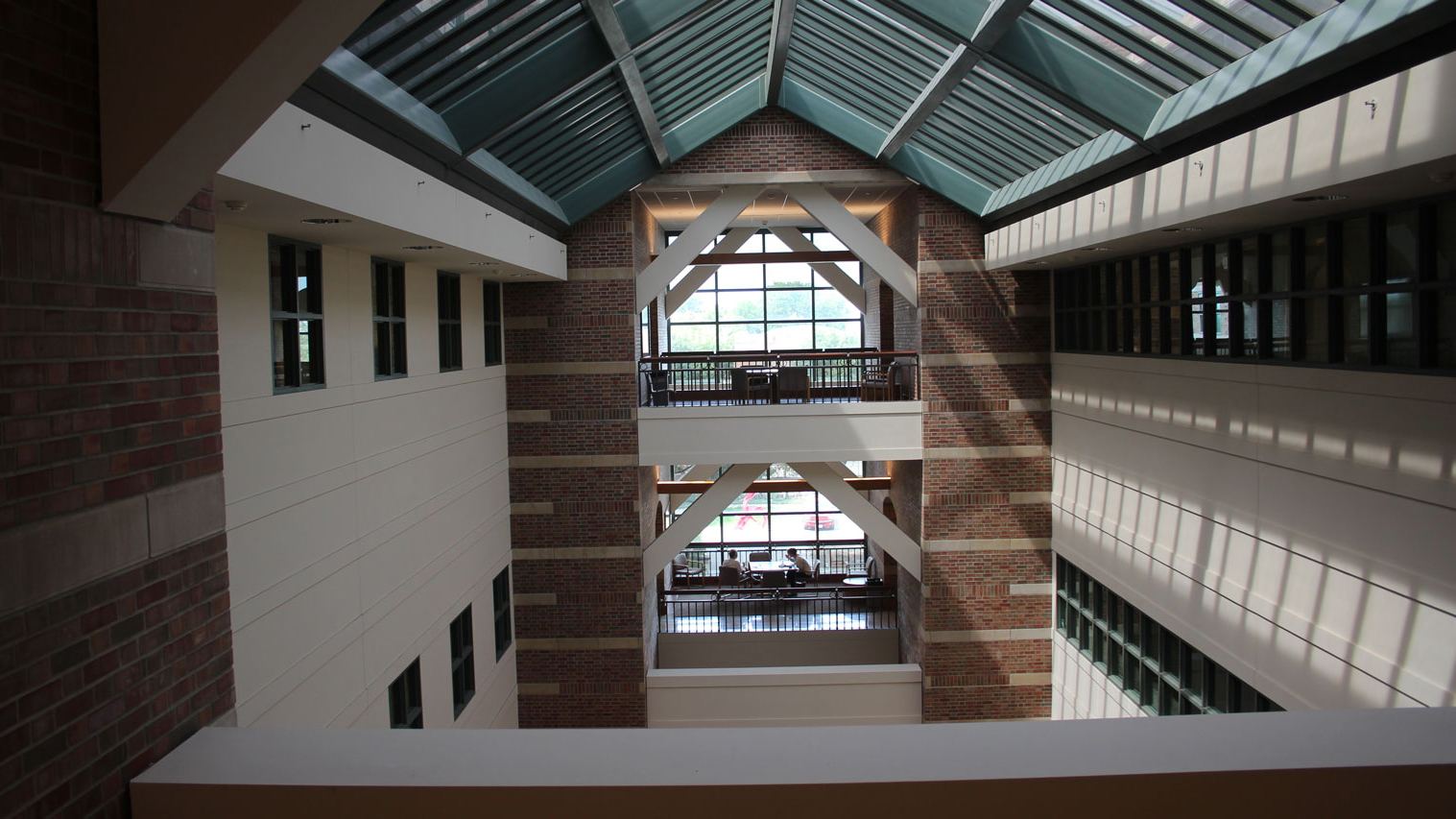 The view of Beckman's atrium from a bridge inside the building
