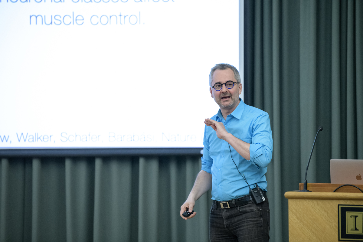 Albert-Laszlo Barabasi speaking in the Beckman auditorium during the SmithGroup lecture in 2019.