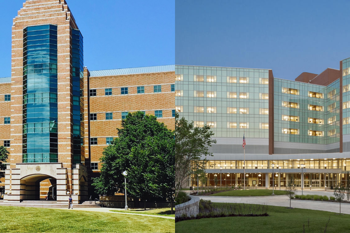 Images of Carle Foundation Hospital and the Beckman Institute appear side-by-side to simulate the collaboration between the institutions.