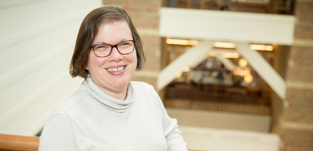 Medium shot of Patty Jones on a bridge at the Beckman Institute