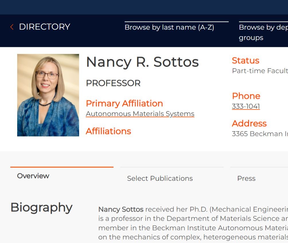 Nancy Sottos' directory entry in the Beckman Directory.
