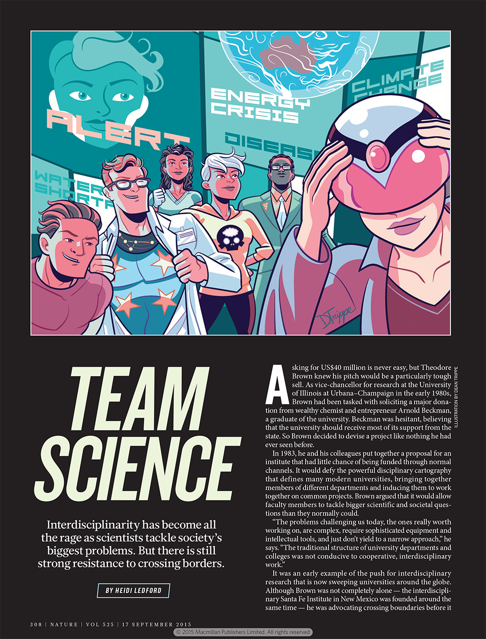 An image of the first page of Nature's article on interdisciplinary scientific research, featuring the Beckman Institute