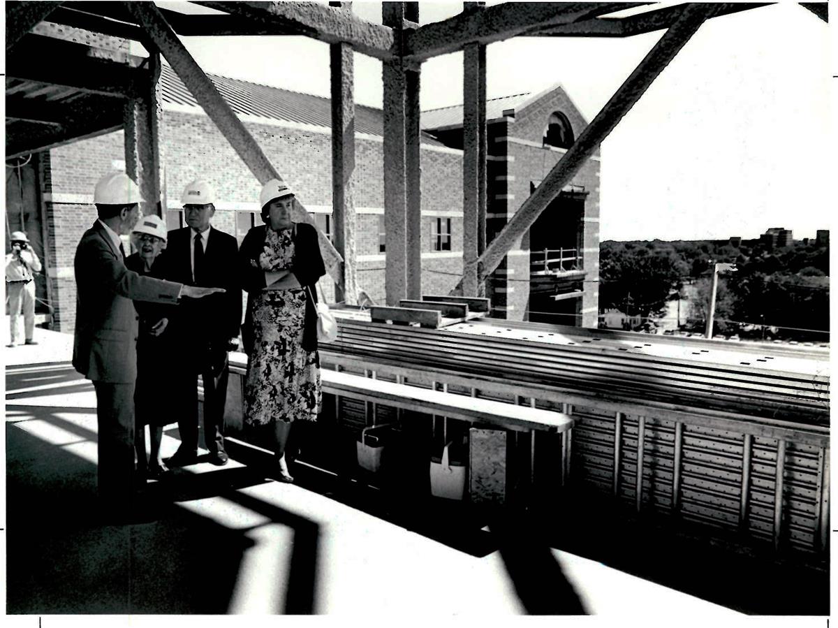 A tour of the under-construction Beckman Institute at the University of Illinois at Urbana-Champaign (UIUC). Beams are in place, and some masonry is seen in the background, but the tower is open to the air.