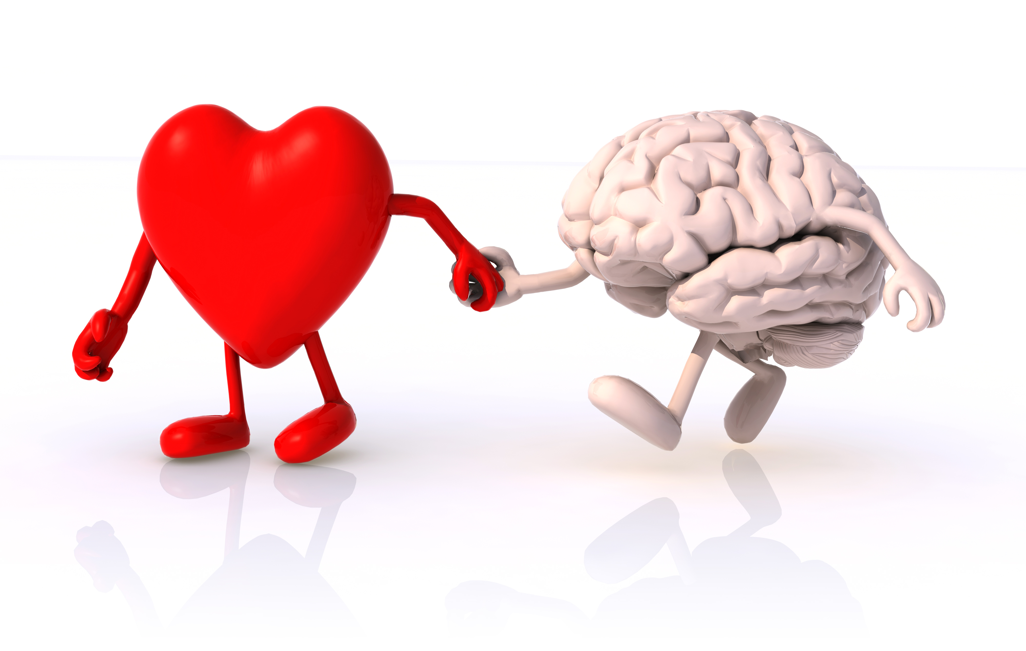 A cartoon heart holds the hand of a cartoon brain, guiding it forward as if to suggest a positive relationship between the two.
