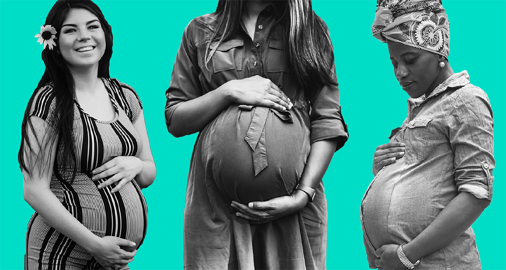 A graphic of three obviously pregnant women. Their black-and-white figures are cut out and the background is teal.