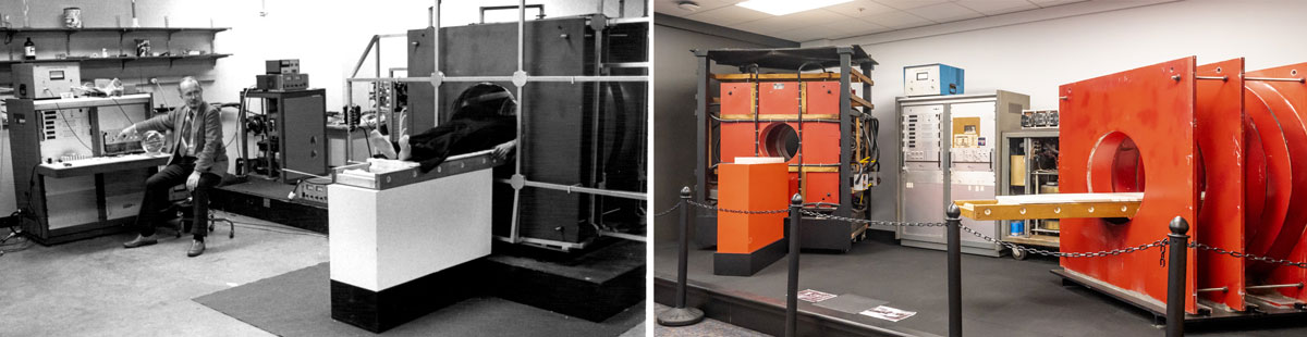 A side-by-side depiction of Big Red, the first human MRI scanner, in 1971 versus the scanner as it stands today in the Illinois MRI Exhibit at the Beckman Institute.