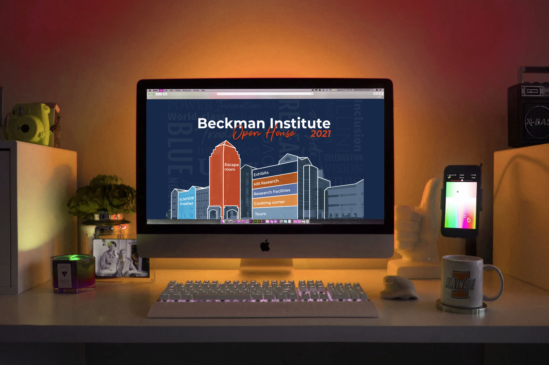 A desktop computer displaying the homepage of the Beckman Institute Open House