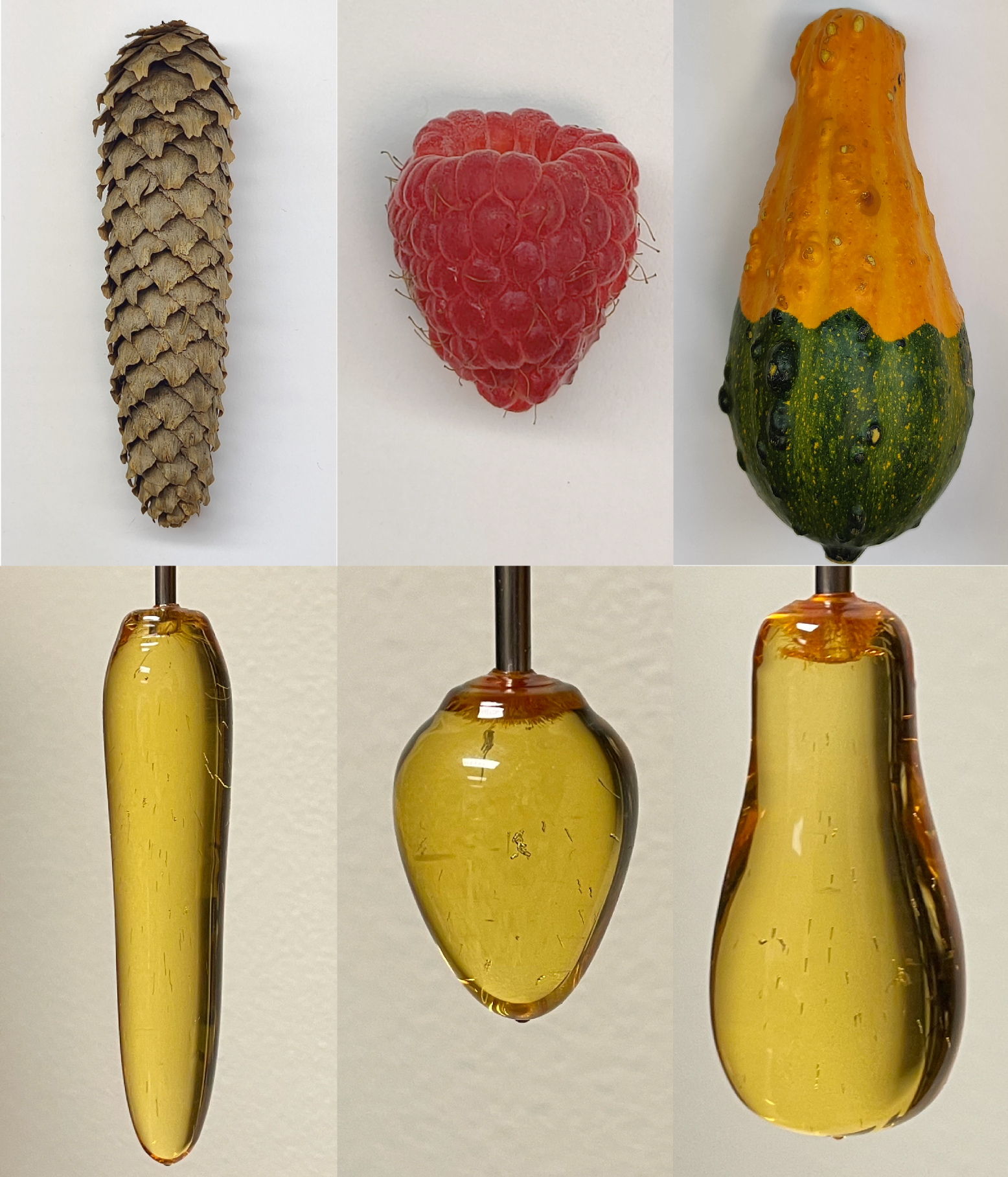 3D-printed versions of a pinecone, raspberry and squash.