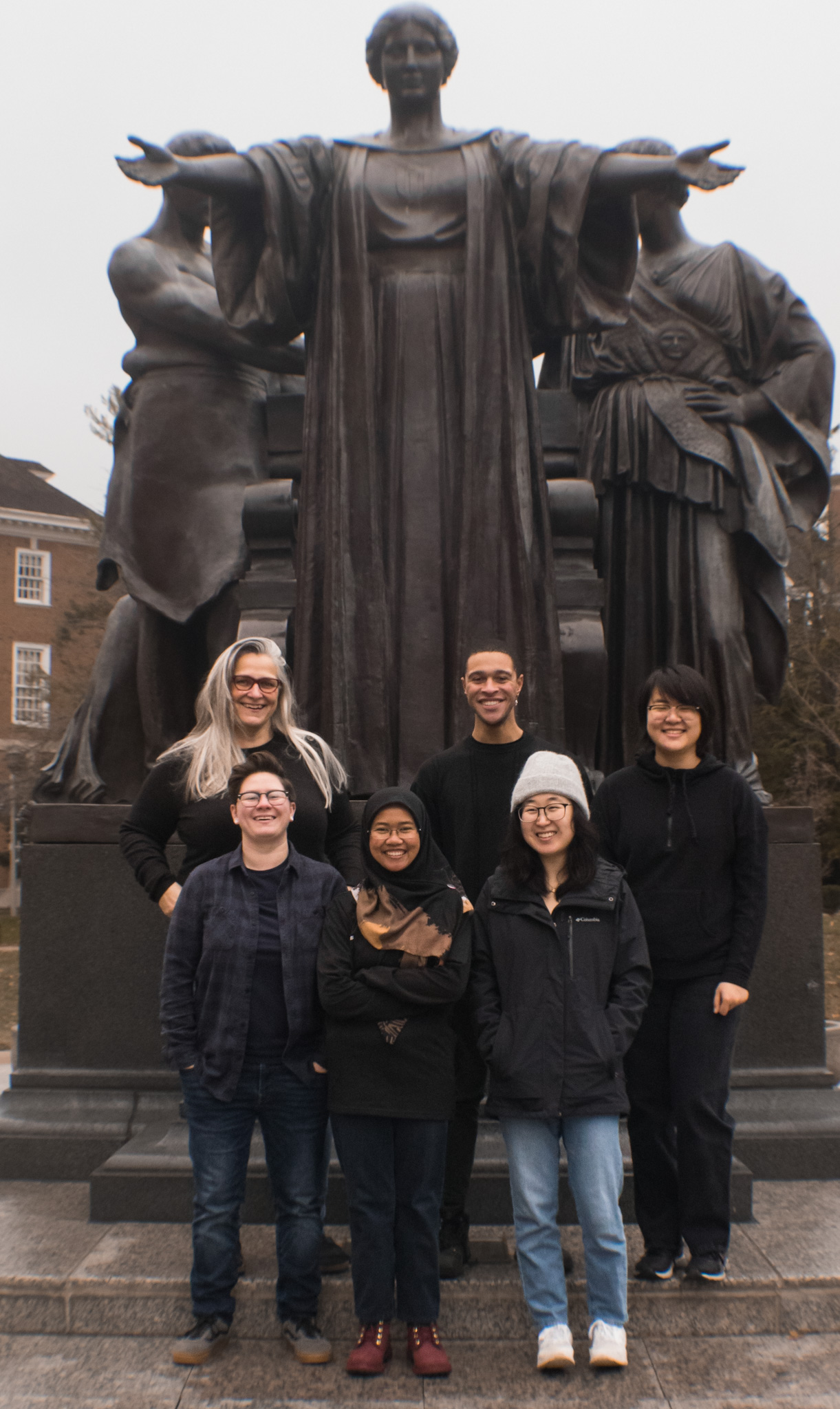 The six members of the ABC Lab stand in front of Alma Mater.