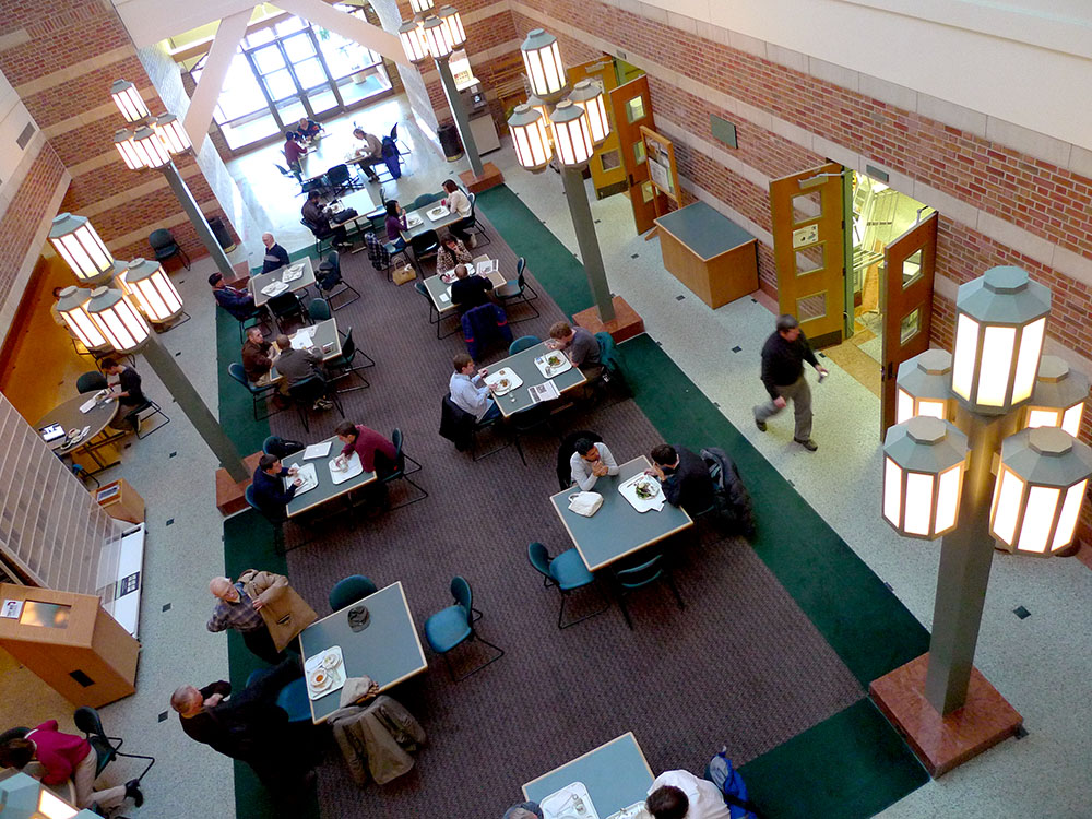 An aerial view of the Beckman Institute Cafe at the Beckman Institute at the University of Illinois at Urbana-Champaign