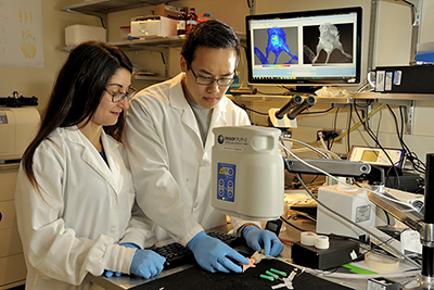 Jamila Hedhli (left), a fourth-year Ph.D. student in bioengineering, and  Than Huynh, a junior in bioengineering at Illinois, demonstrate equipment in Beckman’s Biomedical Imaging Center.