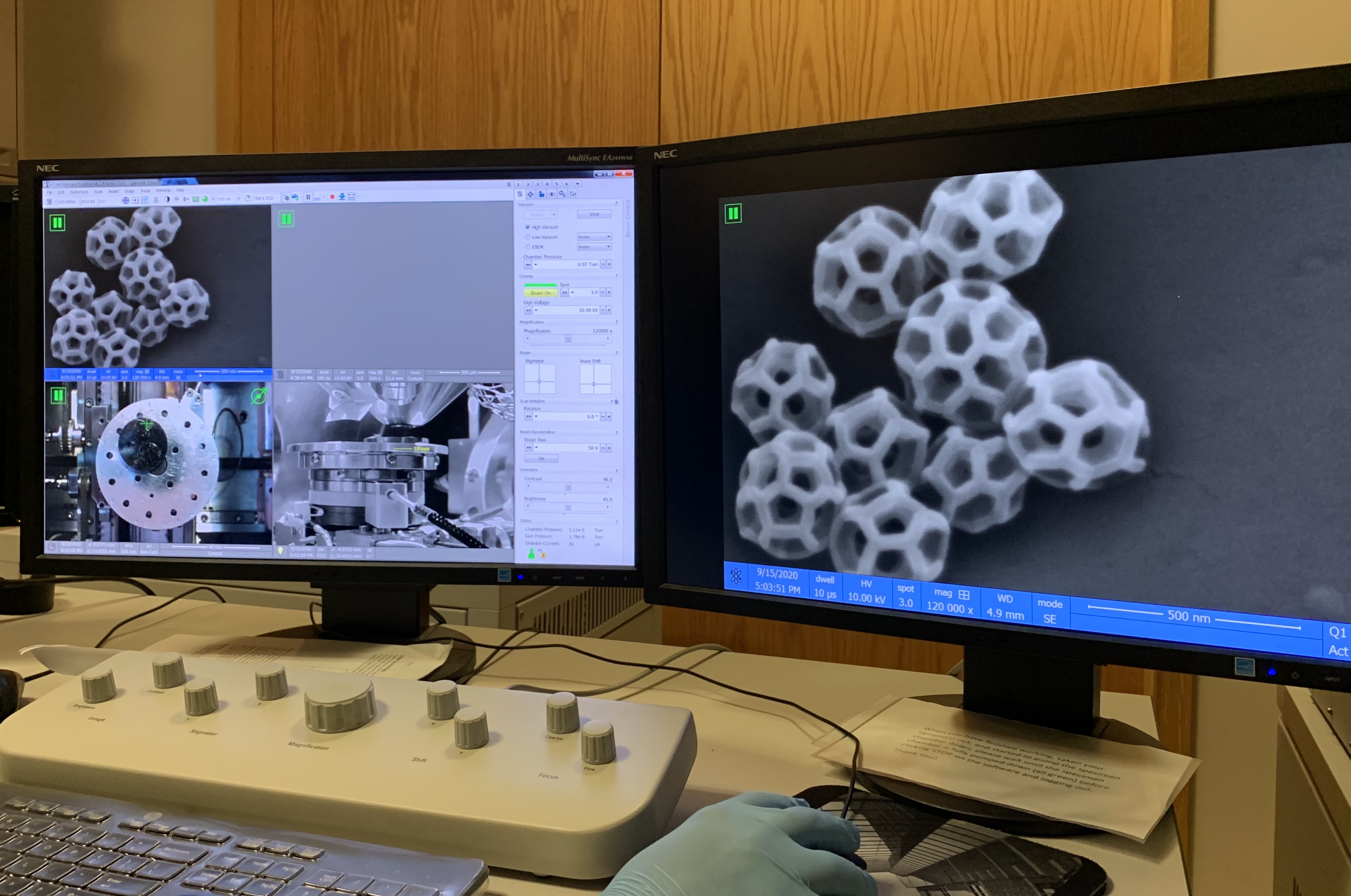 Dual computer screens show close-up images of brochosomes in black and white.