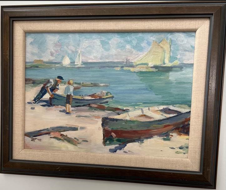 An oil painting of wooden boats along a seashore.