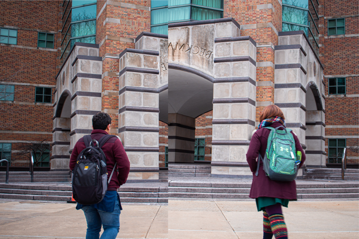 Side-by-side photos of Meg Finnegan and her husband walking toward the Beckman Institute, symbolizing how they met there.