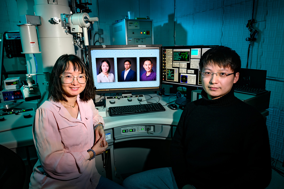 Professor Qian Chen and Chang Liu seated in a lab, with three onscreen researchers pictured between them.
