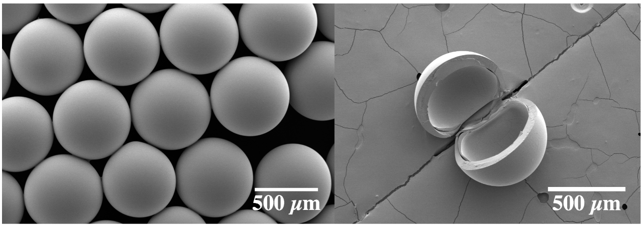 Scanning electron micrographs of intact (right) and ruptured (left) double emulsion-templated microcapsules with a photo-cured polymeric shell wall with an aqueous core