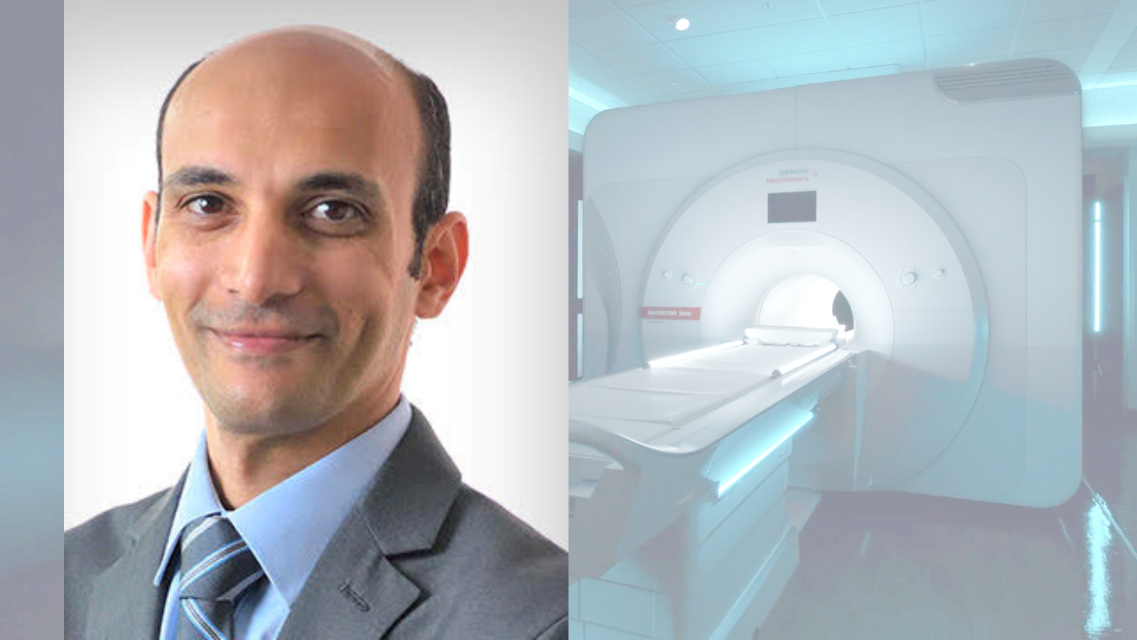 A headshot of Wael Mostafa is superimposed over an image of the 7 Tesla MRI scanner located at the Carle Illinois Advanced Imaging Center.
