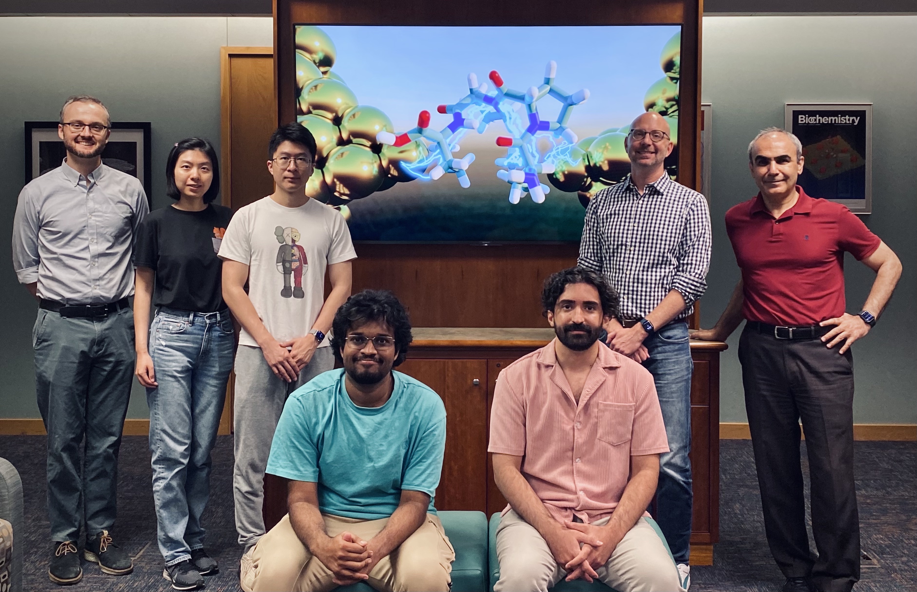 From left: Xiaolin Liu, Hao Yang, Rajarshi Samajdar, Charles Schroeder, Emad Tajkhorshid, Nick Jackson, and Moeen Meigooni. Credit: Elizabeth Bello, Beckman Institute Communications Office.