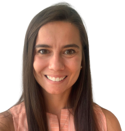 Jordan Bodway, a woman with long dark brown hear wearing a pink sleeveless top and smiling.