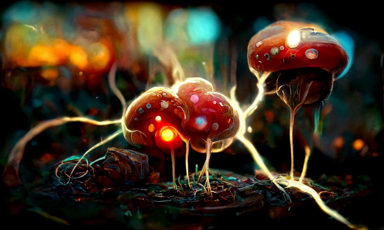 3D image of electrical activity in fungi; electrical currents resembling bolts of lightning shoot from fungus to fungus.