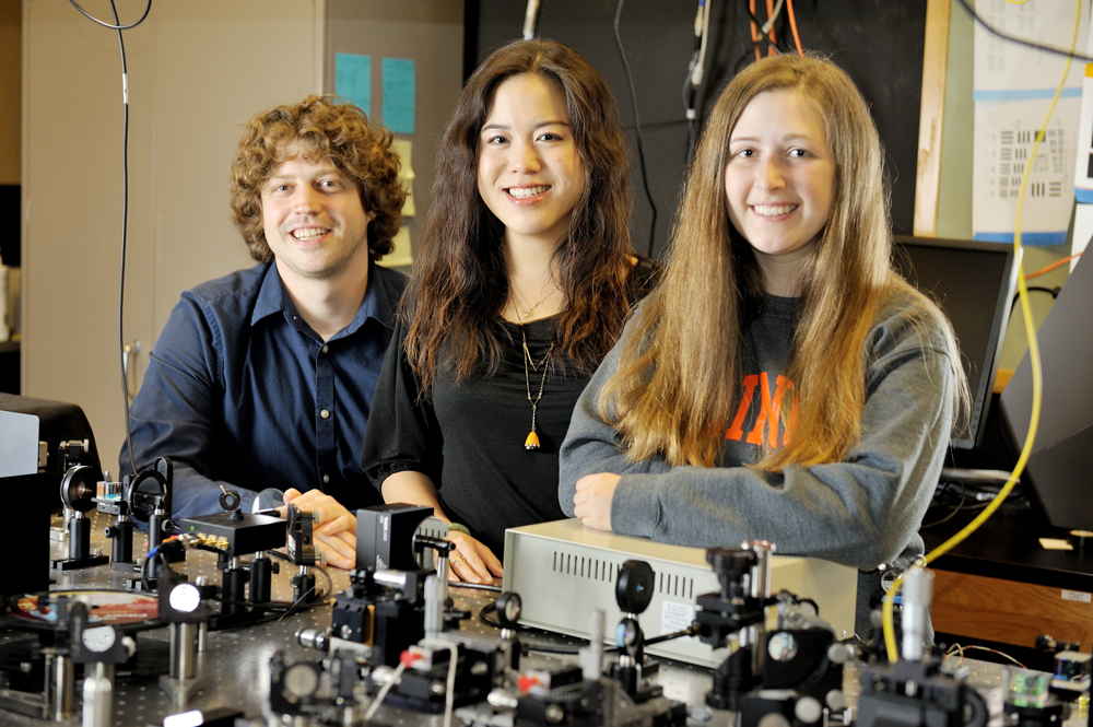 Student researchers work in a lab at the Beckman Institute. 