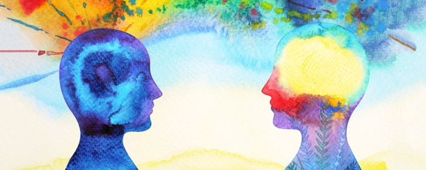 A colorful graphic depicting two humanoid profiles looking at one another, noses pointed toward the center of the screen, with rainbow watercolor elements adding a splash of color.